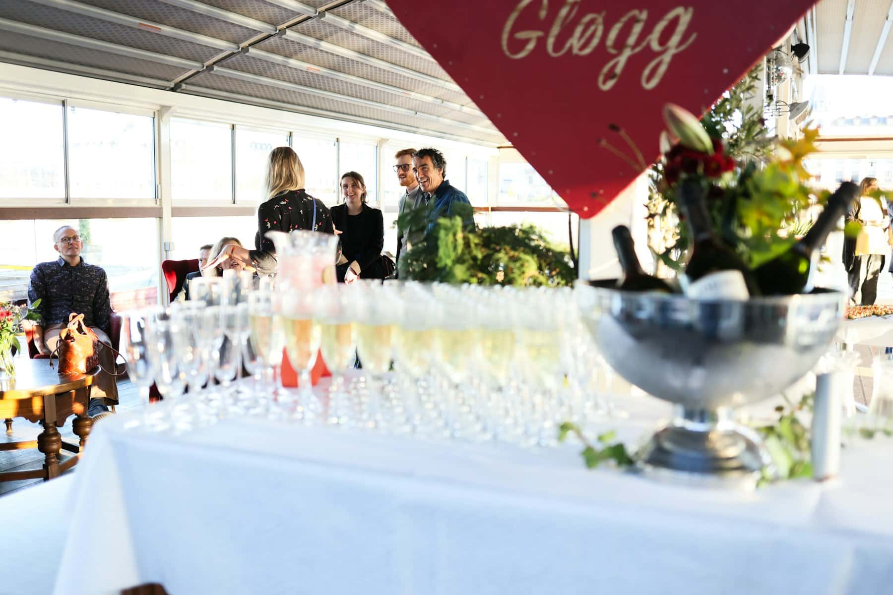 Champagne glasses arranged for event service